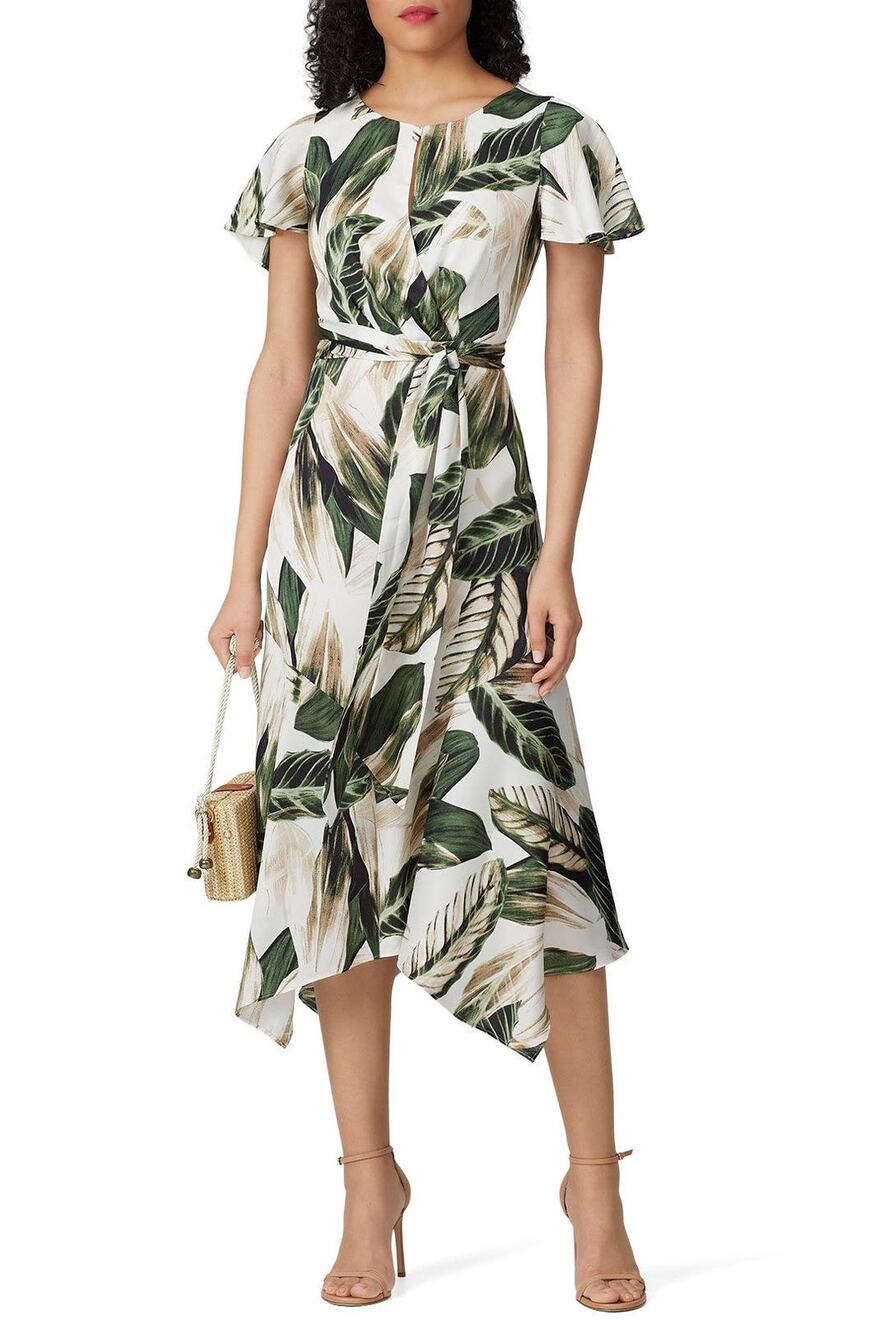 Great Jones Cream Green Tropical Leaf Print Tie Waist Midi Dress Size 8
